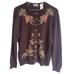 Vintage Erika Studio Embroidered Floral Beaded Knit Cardigan Sweater